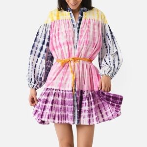 Charina Sarte Holi Tie Dye Stripe Print Mini Shirt Dress Pink Purple Belted S